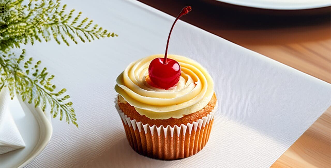 A cupcake with creamy frosting and cherry on top sits on a white napkin, next to green foliage on a wooden table.