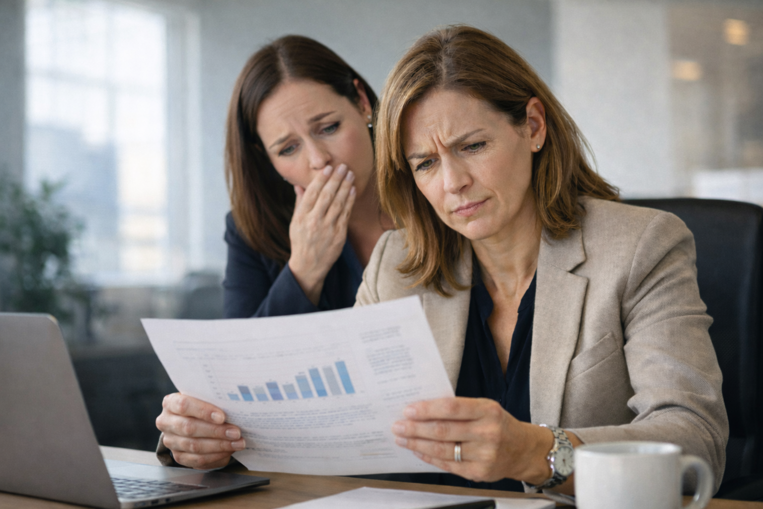 Two people in an office setting reviewing a report, looking concerned. On the desk are a laptop and a mug.