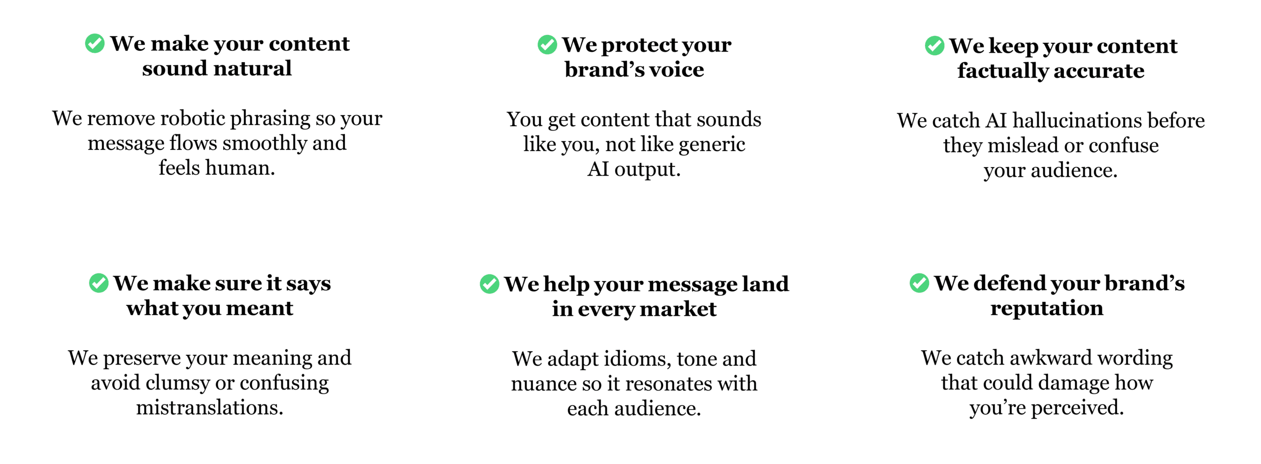 Text with checkmarks highlights benefits of a service: natural content, brand voice protection, factual accuracy, clarity, market adaptability, and brand reputation defense.