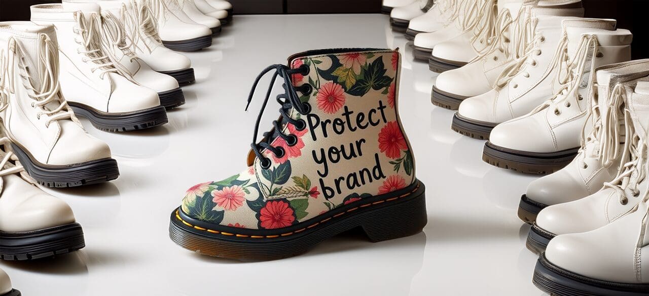 Floral boot with "Protect your brand" stands out among lined-up white boots on a glossy surface.